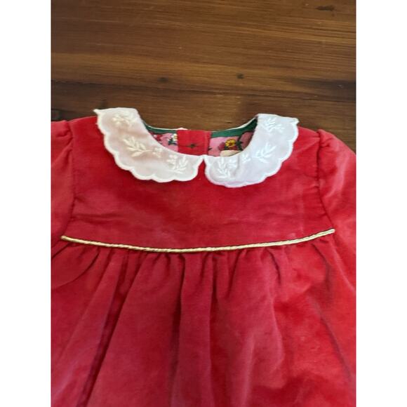 Mini Boden Appliqué Velvet Dress Poppy Red Size 0-3 Months Lined Lace Collar - Picture 5 of 11